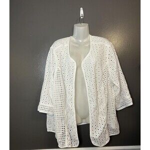 Catherines Jacket Womens 4X 30/32W White Eyelet Open Front 3/4 Sleeve Cotton